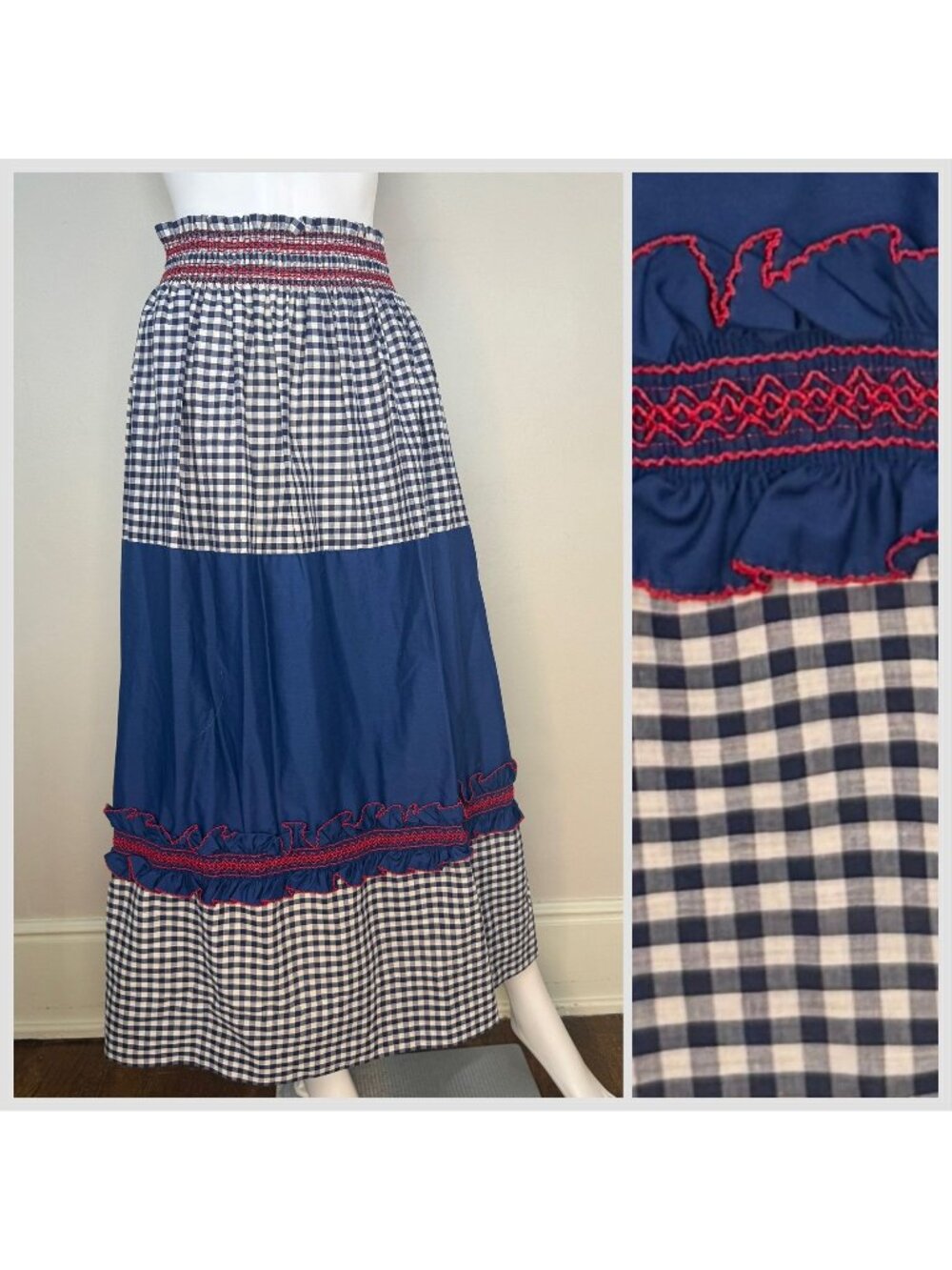Vintage 1970s Navy Blue Gingham Tiered Maxi Skirt, Handmade Size XS/Small